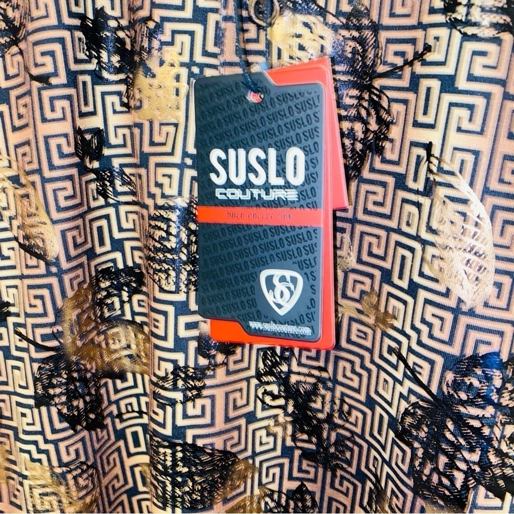NWT Suslo Couture Gold & Black Luxury Printed Shortsleeve Polo Size Large - Picture 3 of 9